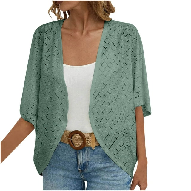 Cardigans à Œillets pour Femmes, Manches Mi-Longues, Ouvert à l'Avant, Léger, à Volants, Décontracté