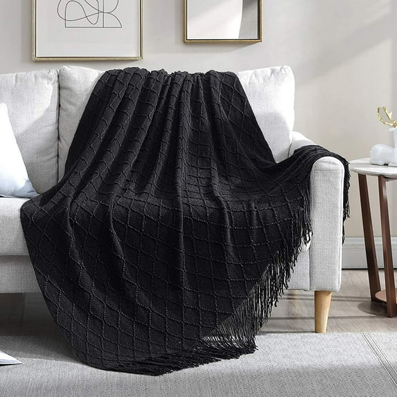 Walensee 100% Acrylic Knit Throw Blanket for Couch, 60" x 80", Black, Machine Washable