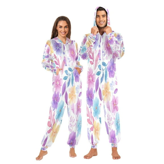 1 Piece Adult Onesie Pajamas Cozy & Loose-Fit Sleepsuit Loungewear with Pockets Pink and Purple Flowers X-Small
