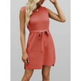 thumbnail image 3 of Women'S Sleeveless Sweater Tank Dress Solid Color Casual Crew Neck Side Slit Knitted Dress with Belt Orange & Red XL, 3 of 8