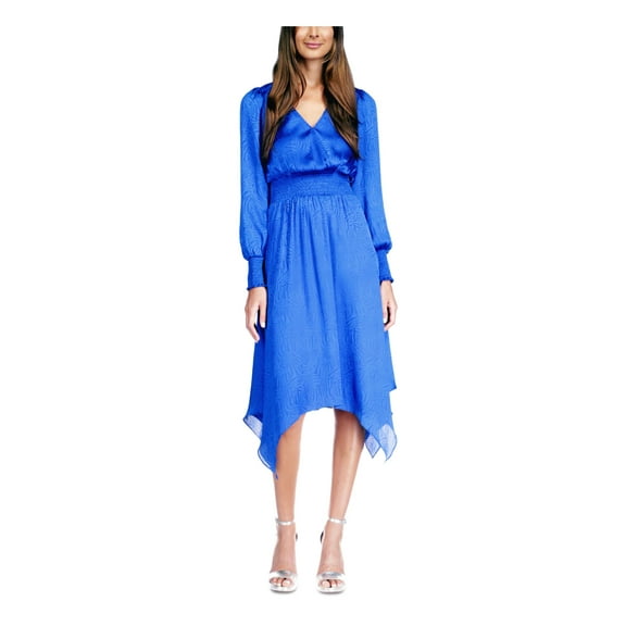 MICHAEL MICHAEL KORS Womens Blue Smocked Unlined Handkerchief Hem Pullover Long Sleeve Surplice Neckline Midi Party Blouson Dress M