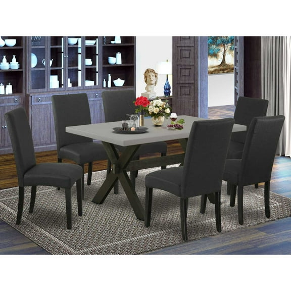 East West Furniture 7-Piece Modern Dining Set- 6 Upholstered Dining Chairs with Black Linen Fabric Seat and Stylish Chair Back - Rectangular Table Top & Wooden Cross Legs - Cement and Black Finish
