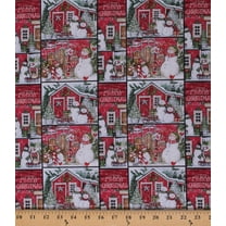 Cotton Christmas Snowman Winter Scene Sleds Rustic Santas Lodge Cotton Fabric Print by the Yard (74377-A620715)