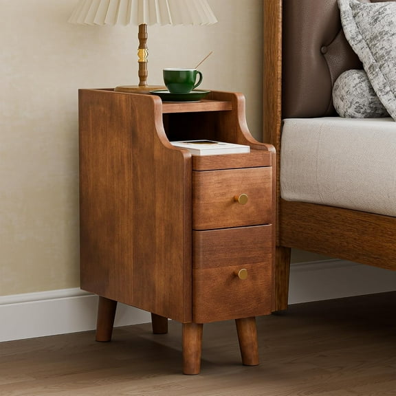 Narrow Nightstand with Drawers, Pre-Assembled Solid Wood Small Skinny Night Stand with Open Sliding Shelf, Mid Century Modern Slim Bedside Table for Bedroom, Sofa End Side Table, Walnut