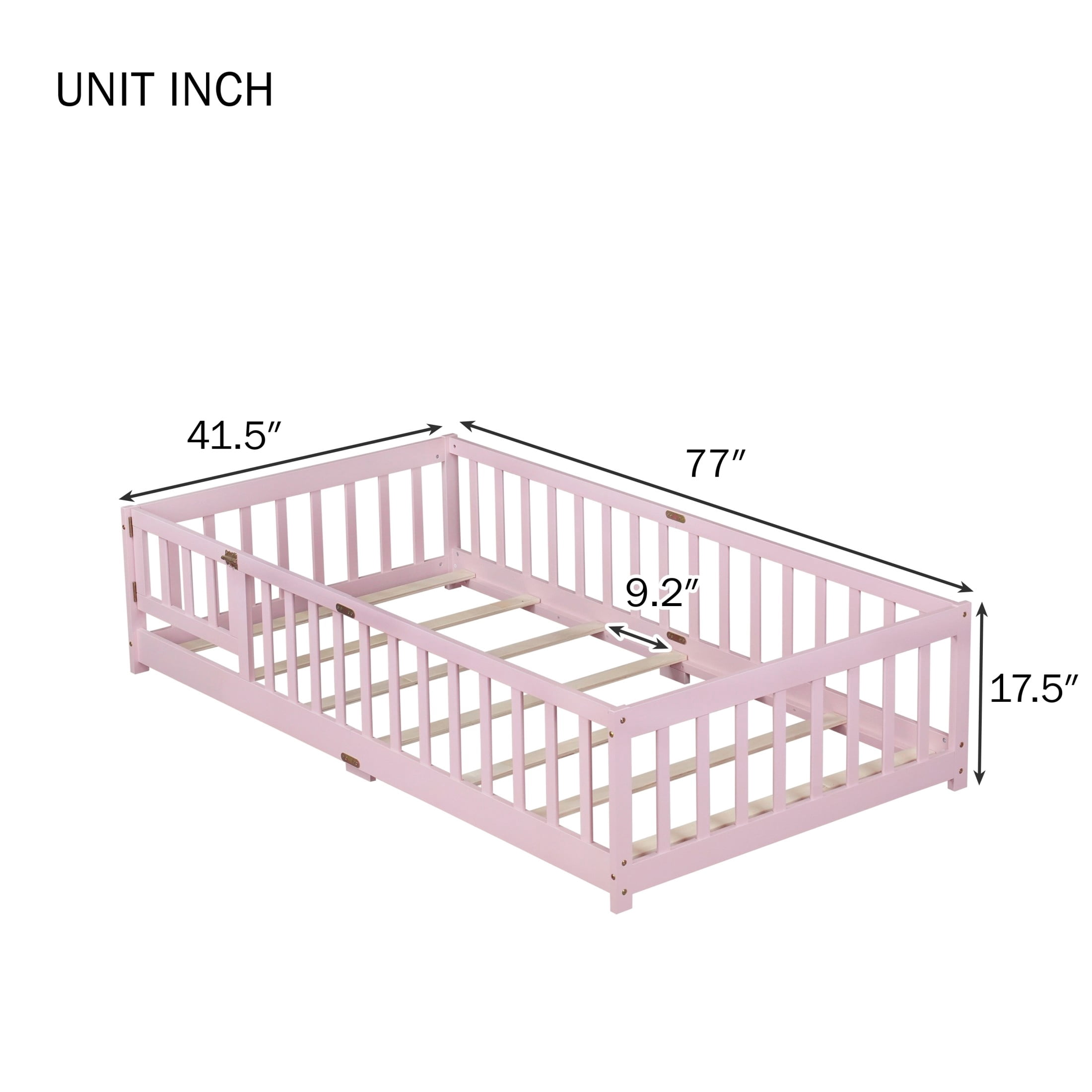 Noble House Corvel Twin Size Rubber Wooden Floor Bed with Safety Guardrails & Latching Fence Door, Pink