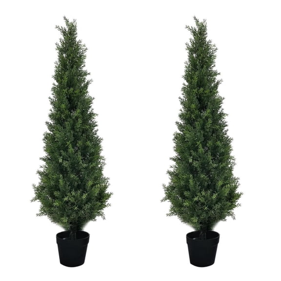 2PCS Artificial Topiary Tree, 4FT Anti-Fading Pine Shrubs Faux Cedar Pines, UV Protected Porch Trees, Fake Cypress Evergreen Plants for Outdoor Indoor, Porch, Garden, Entryway