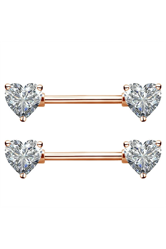 14G Surgical Steel Nipple Rings CZ Heart Nipple Barbells Boby Piercing Jewelry-Rose Gold