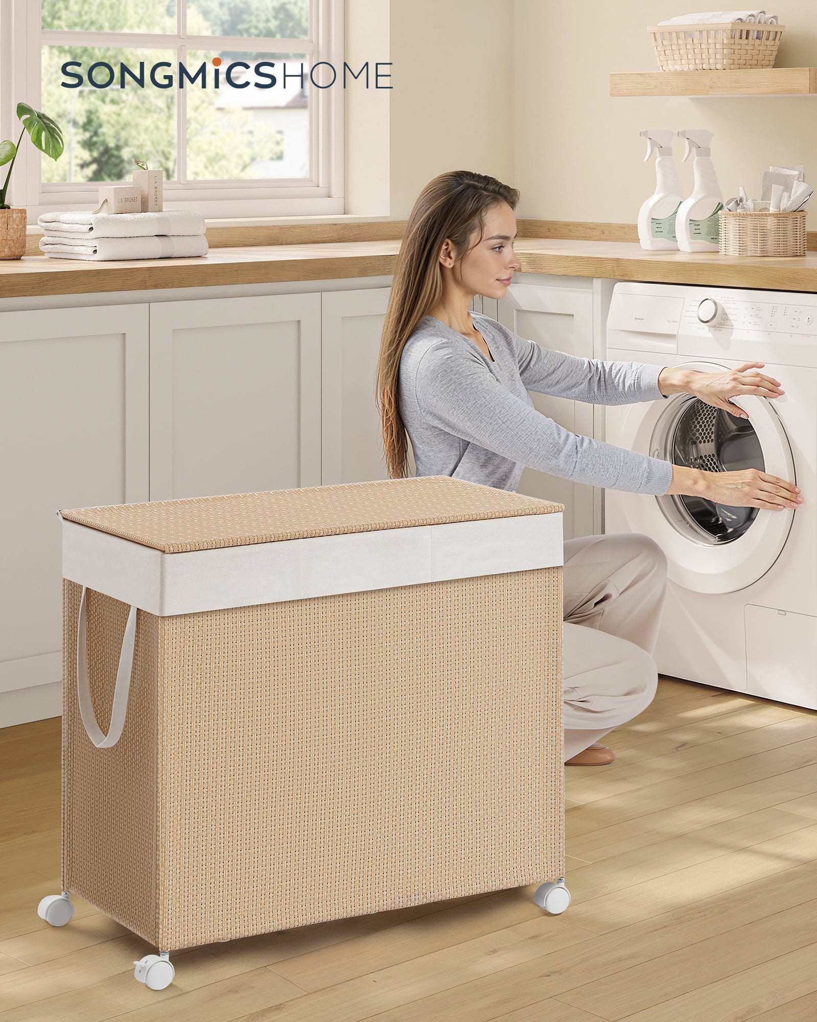 SONGMICS HOME Laundry Hamper with 3 Section, Large 140 L, Rolling, with Wheels and Lid, Removable Liner with Handles, Natural Beige and Matte White