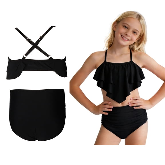 Kids Swimsuits 2 Piece Ruffled Girls Bikini with Chest Pad Summer Beachwear Bikini Sets 8-9 Years