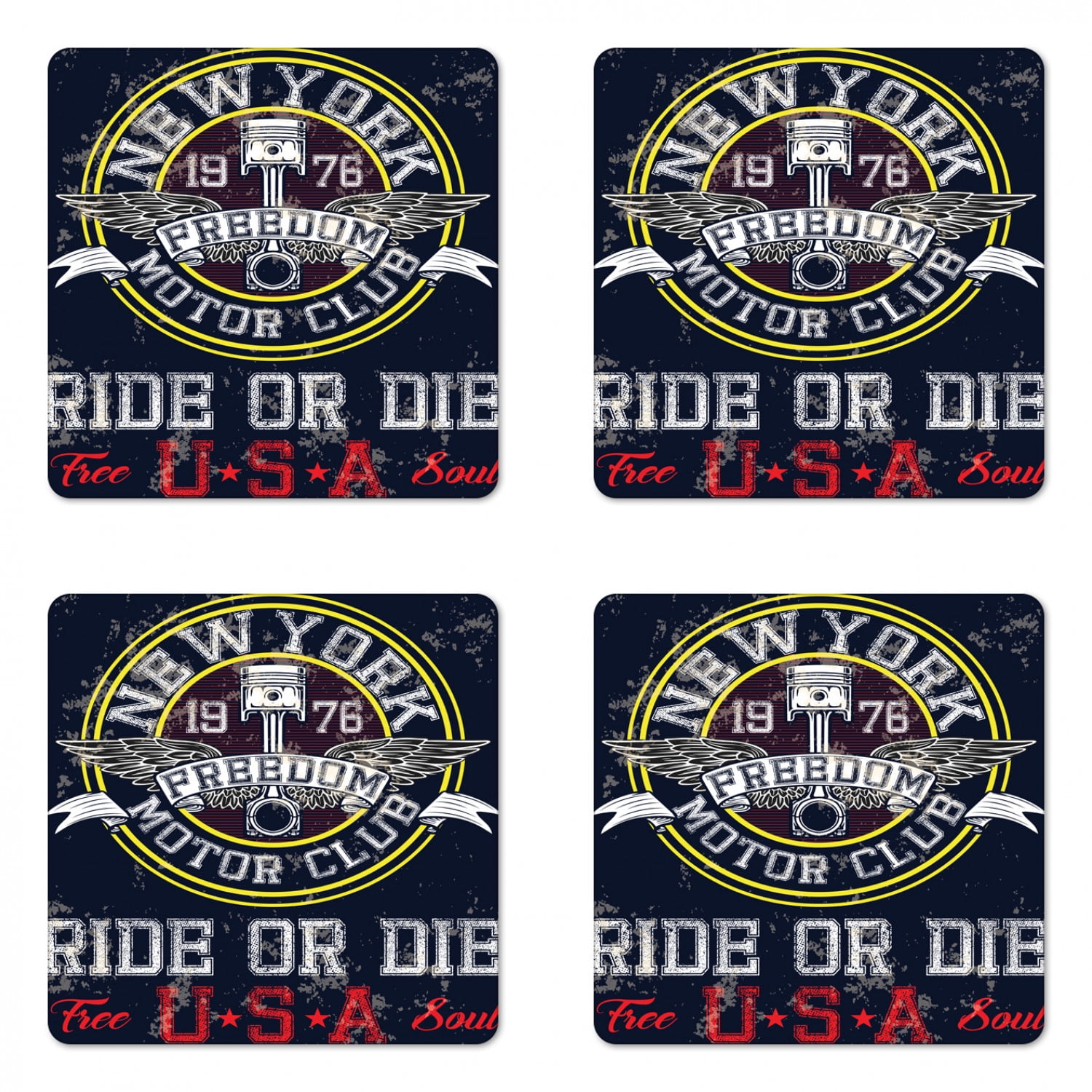 Motorcycle Coaster Set of 4, New York Freedom USA Retro Concept Poster
