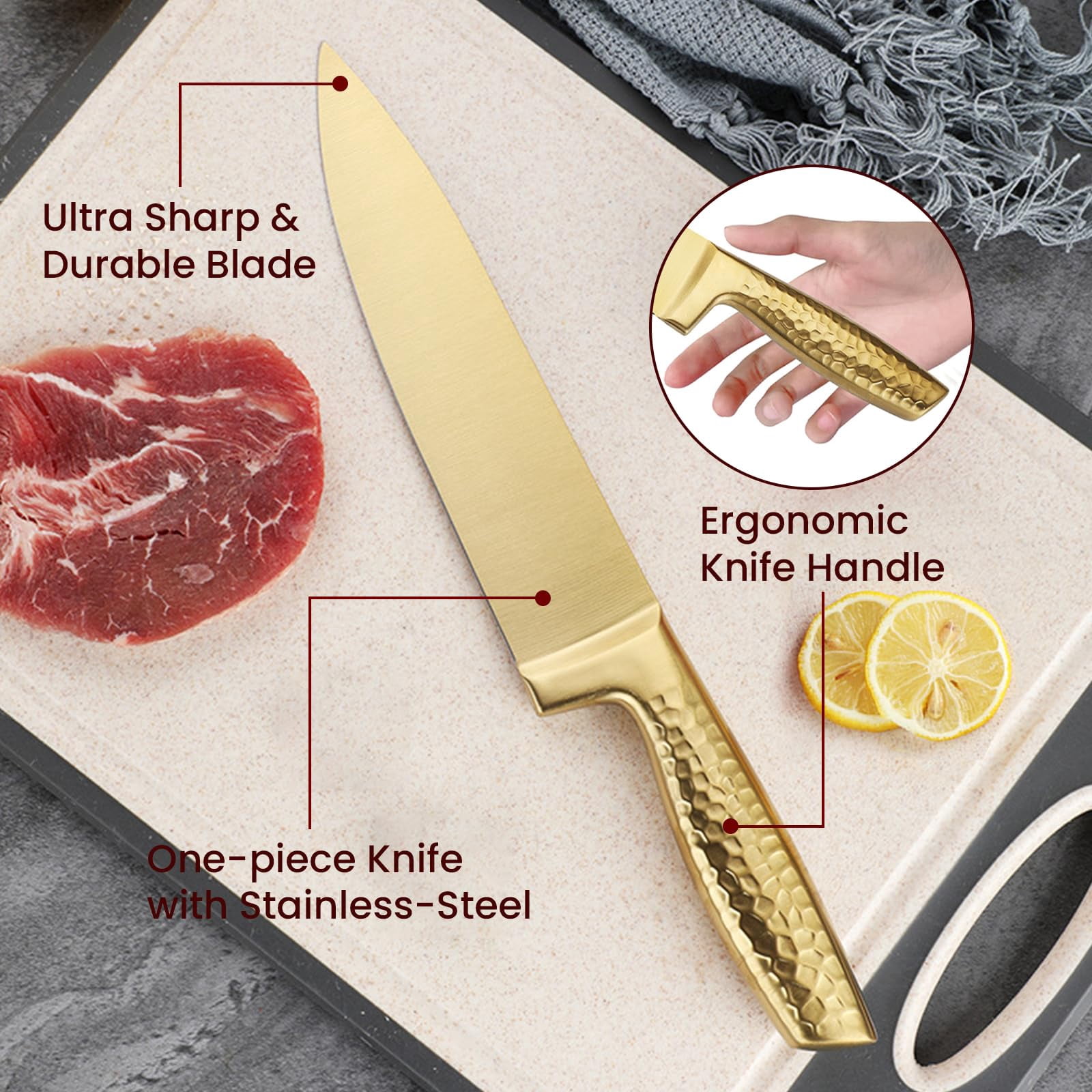 Professional Kitchen Knife Set 6 Piece, High Carbon Stainless Steel Sharp Knives with Ergonomic Hammer Handle, Wooden Magnetic Knife Block Holder, Gold