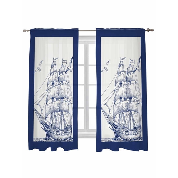 Nautical Ship Curtains 63 Inch Length, Sheer Curtains for Bedroom Living Room Window Blue Coastal Ocean Birds Boat Vintage Rod Pocket Voile Drapes Kitchen Curtains Small Half Window 42"x63" 2 Panels