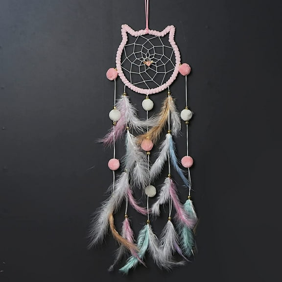 Cat Dream Catcher Colorful Feather Pompom Beads Wall Decor Hanging Ornament for Kids Bedroom Home Art Craft Gift