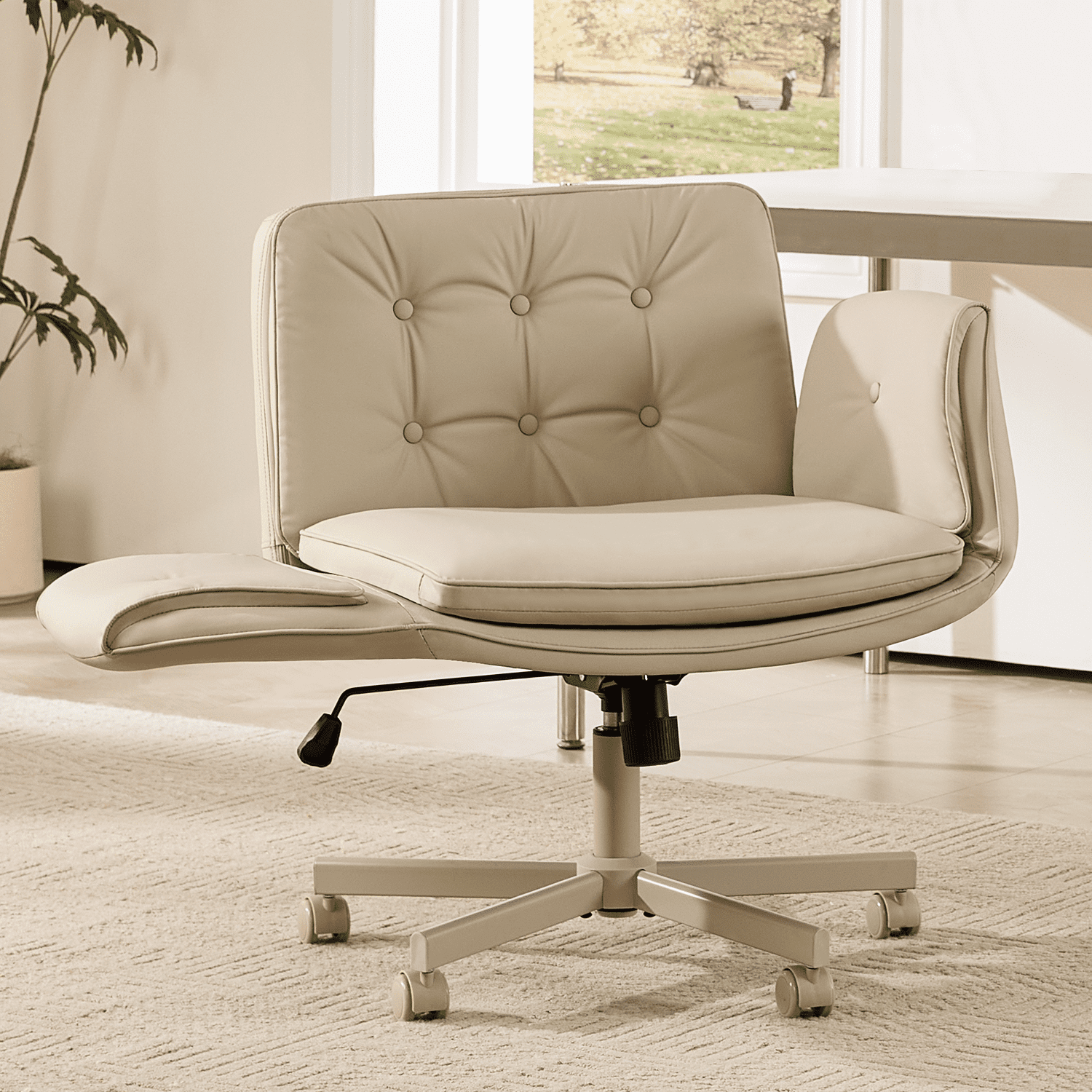 TMV Criss Cross Chair with Wheels & Armrests, Comfy Wide Vanity Chair, PU Leather Cross Legged Desk Chair, Height Adjustable Computer Office Desk Chairs for Home&Makeup&Bedroom,Cream