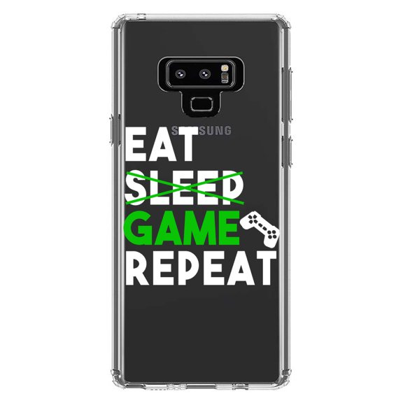 DistinctInk Clear Shockproof Hybrid Case for Samsung Galaxy Note 9 - TPU Bumper Acrylic Back Tempered Glass Screen Protector - Eat Game Repeat - Video Games Gamer