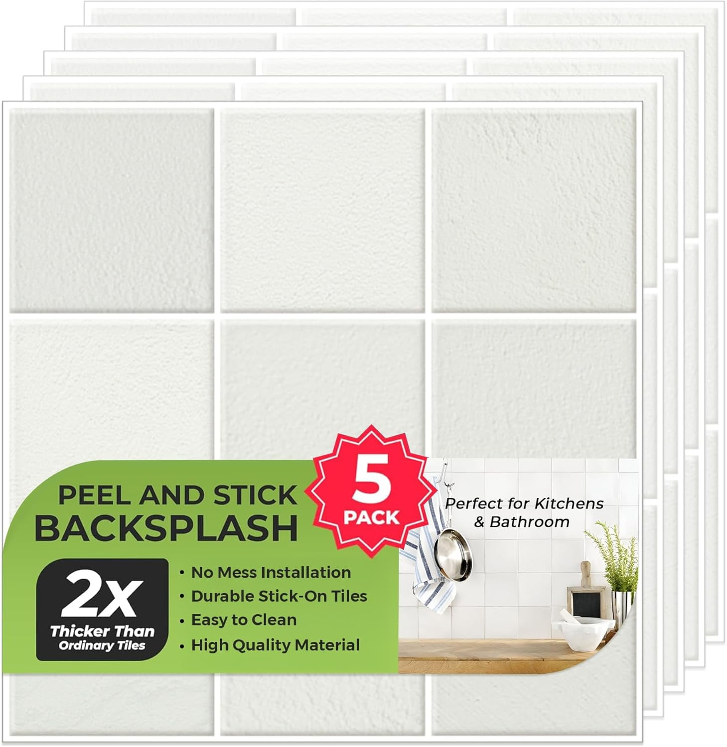 SELECT 5 Pack Peel and Stick Backsplash Square Tiles, Extra Thick 3D Wall Panels, Heat & Water Resistant, Easy DIY Kitchen, Bathroom, Laundry, Fireplace & Rental Home Wall Décor (12 x 12 in), Stone W
