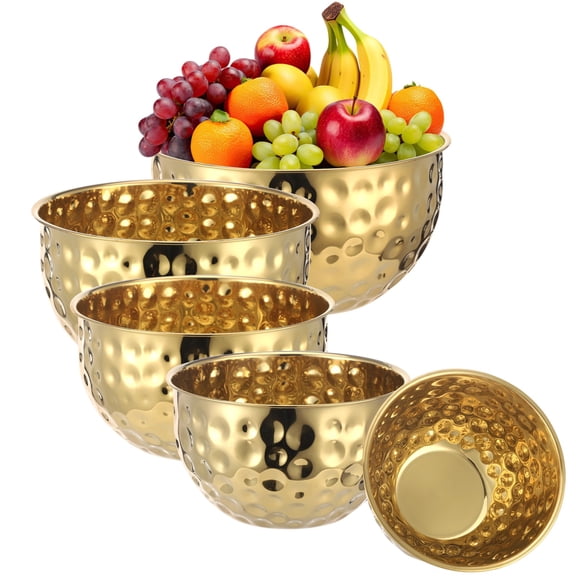 5 Pcs Stainless Steel Mixing Bowls, Gold Hammered Salad Bowl, 7.1/7.9/8.7/9.4/10.2 in, Round Stackable Serving Bowls for Kitchen Cooking, Baking, Food Prep