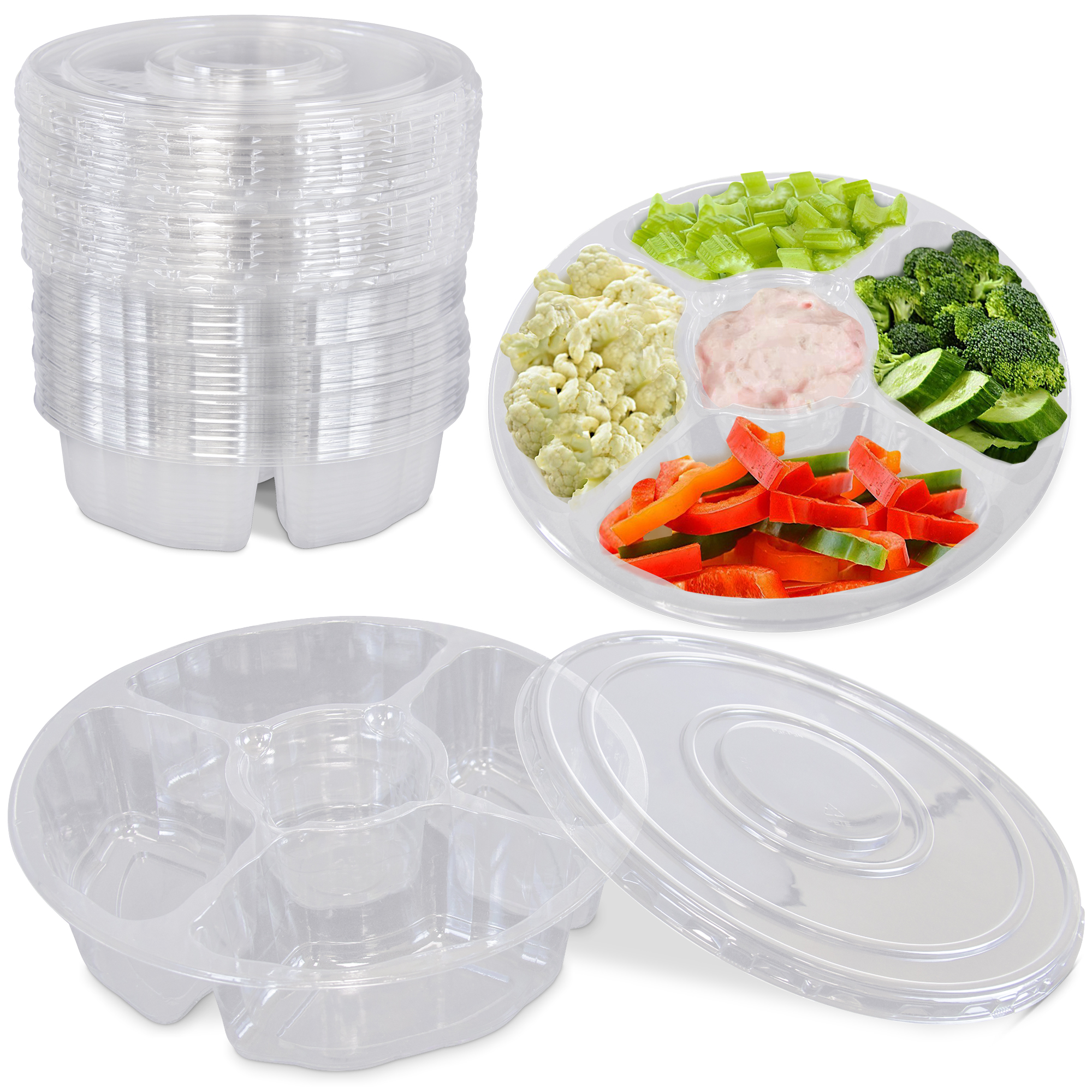  100 Pack 10 Inch Round Plastic Appetizer Tray With Lid 5 