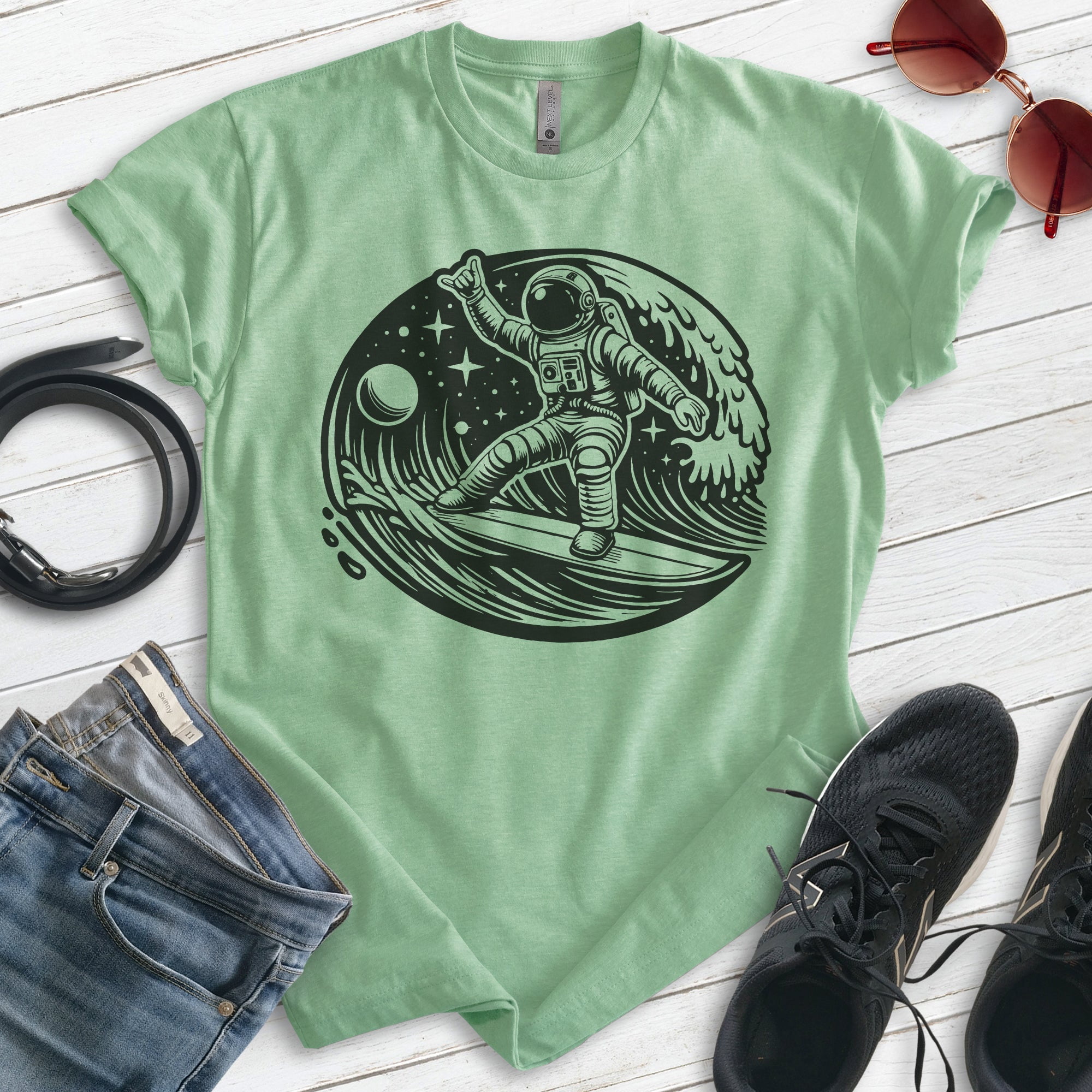 Astronaut Surfing T-shirt, Unisex Women's Men's Shirt, Astronaut Outer Space Surfer Cosmic, Heather Apple Green, Small