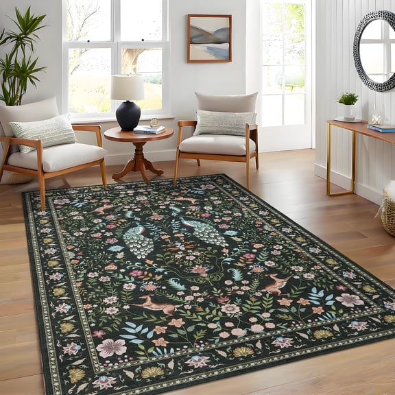 Garvee 5'x7' Vintage Peacock Deer Floral Area Rug Animal Print Soft Carpet, Washable Non‑Slip Rug for Living Room Dining Room Bedroom, Green