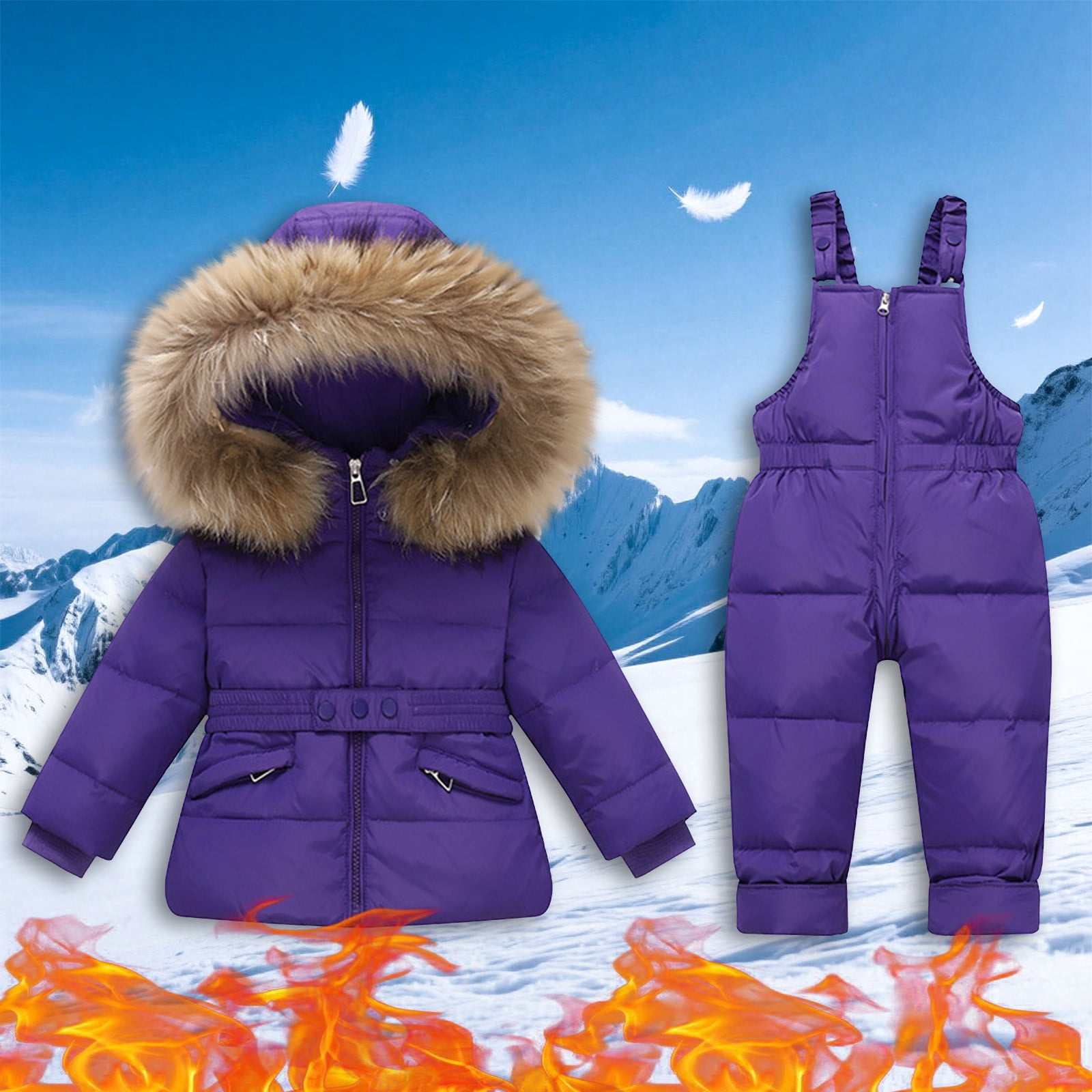Kids 2 Piece Snow Suit, Detachable Hooded Puffer Down Jackets and Bib Pants for Versatile Wear, Waterproof Winter Ski Suits Two Piece Outfit Sets