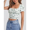 thumbnail image 2 of Biezeib Women's Crop Tops Slim Fit Square Neck Short Sleeve Front Tie-Up Showing Navel Floral Tops Shirt for Summer, 2 of 6