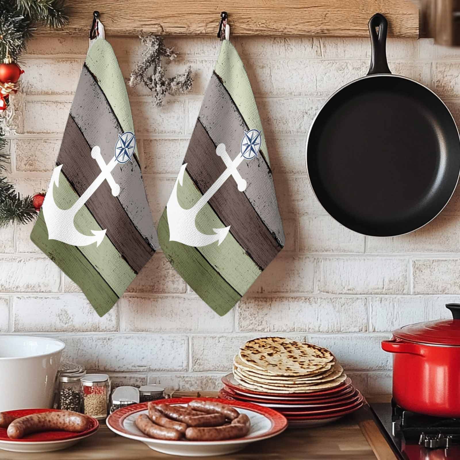 Dish Towels, Nautical Anchor Absorbent Kitchen Towels 2 PCS, Vintage Sage Green Wood Grain Microfiber Hand Towels Dish Cloths Tea Towels for Home&nbsp;Bathroom Cleaning Drying,18X28-Inch,