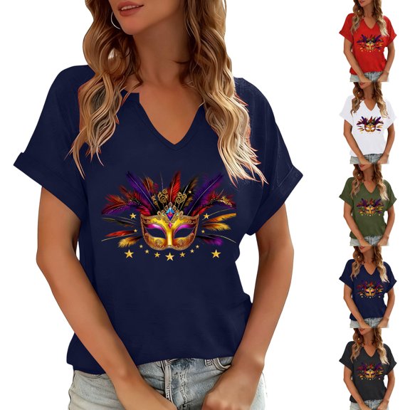 mihongmao Mardi Gras T Shirts for Women Ladies' Carnival Printed V-neck T-shirt Casual Short Sleeved Top/Shirt Army Green S