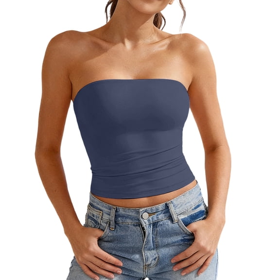 Women Going Out Summer Tank Tops Camisole Solid Color Double Layer Strapless Side Elastic Undershirts,Navy,S