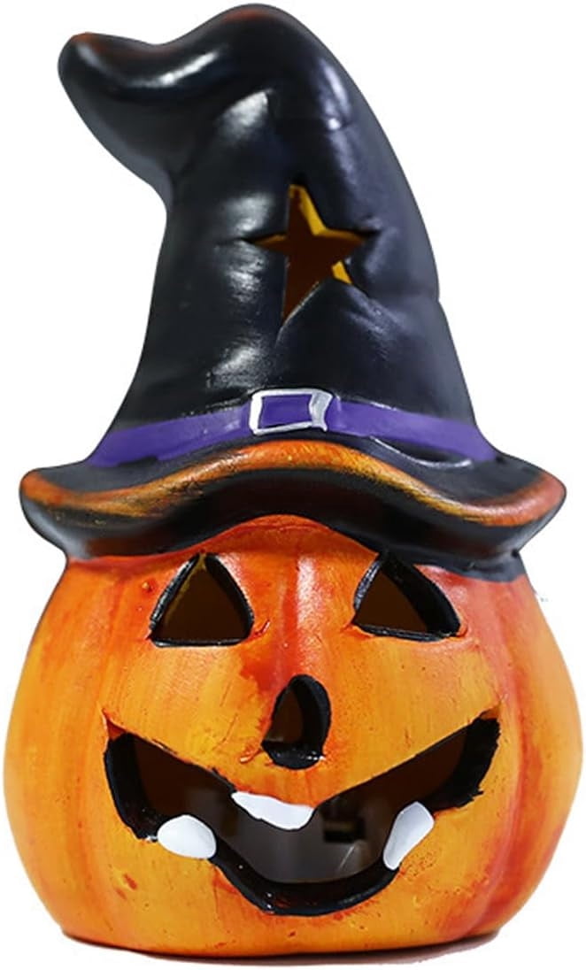 Set of 4 Light Up Ceramic Pumpkin Skull Figurines for Halloween Table Decor