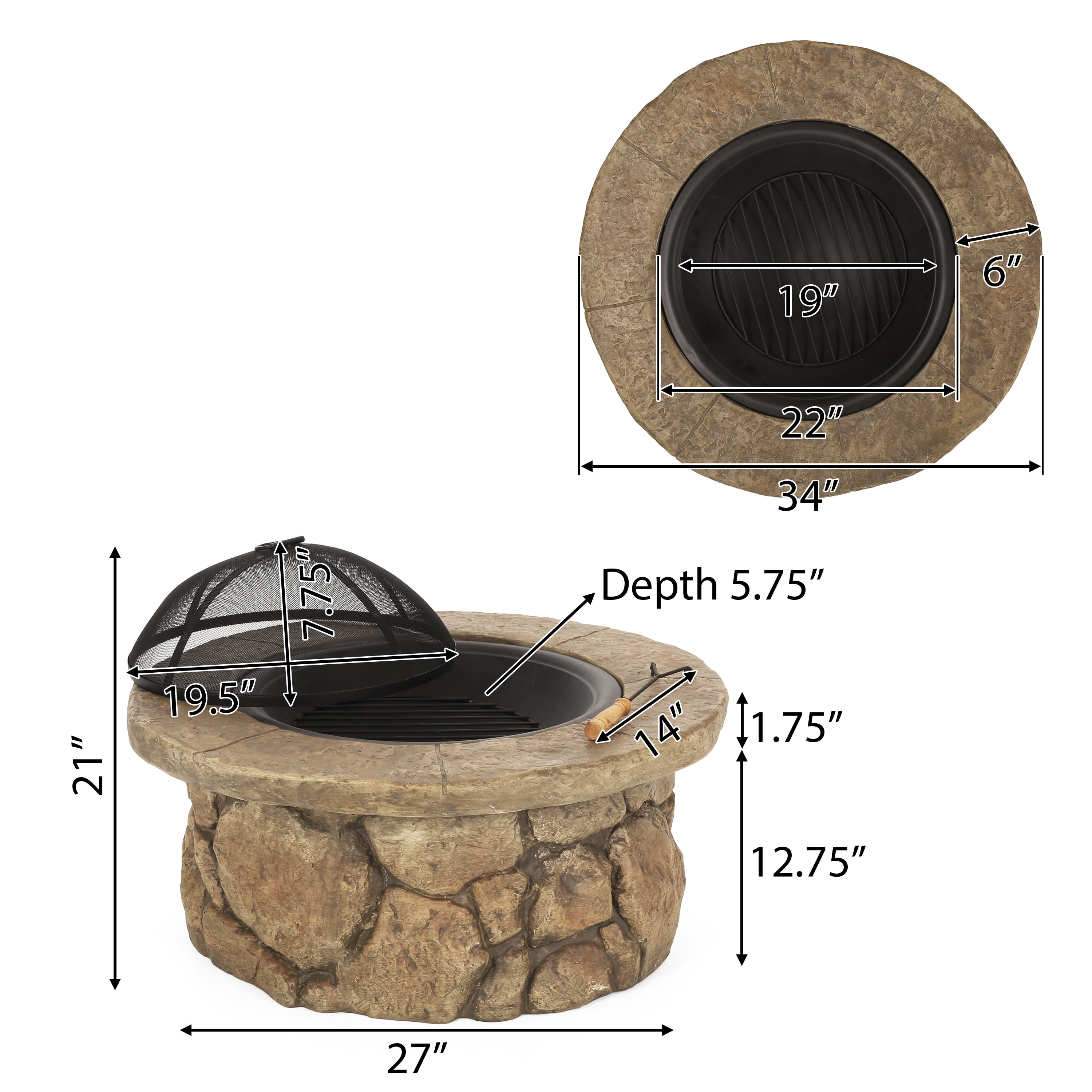 Noble House Easton Outdoor Cement Stone & Iron Fire Pit in Brown/Natural