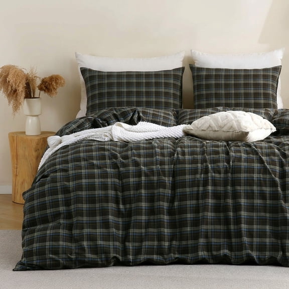 Brown Blue Plaid Queen 90x90 Linen-Like Washed Cotton Duvet Cover Bedding Set