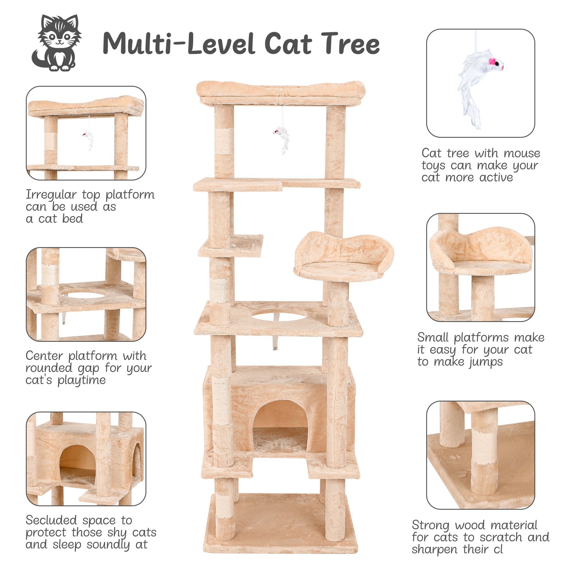 Pefilos 71" Cat Tree Tower for Large Cats, Cat Condo for Multiple Cats, Wall Large Pet Club Indoor Cat Tree Furniture, Beige Pefilos 71" Cat Tree Tower for Large Cats, Cat Condo for Multiple Cats, Wall Large Pet Club Indoor Cat Tree Furniture, Beige