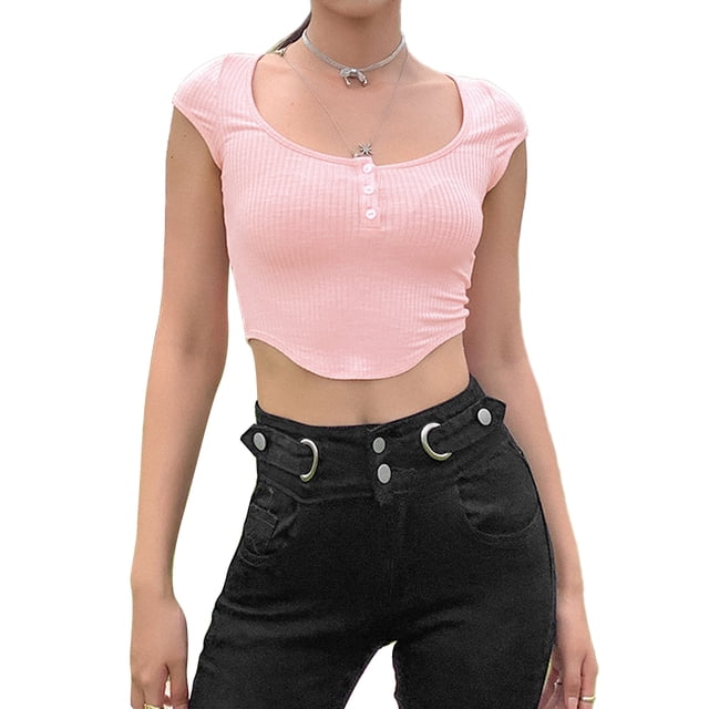 Txlixc Mujeres Verano Sexy Crop Tops Manga Corta Cuello Cuadrado Botón Camiseta Txlixc Sexy