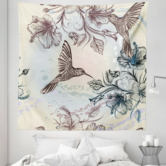 Nature Tapestry, Birds and Hibiscus Flowers Nostalgia Antique Design Classical Print, Fabric Wall Hanging Decor for Bedroom Living Room Dorm, 5 Sizes, Teal Brown, by Ambesonne