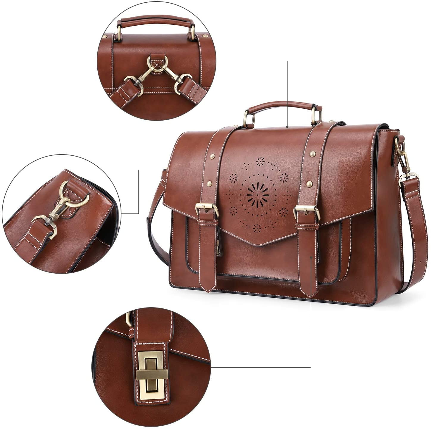 ECOSUSI Laptop Messenger Bag Briefcase for Women Satchel Handbags 15.6 inch Laptop Bag Crossbody Purse with Padded Compartment for Office Travel College Brown