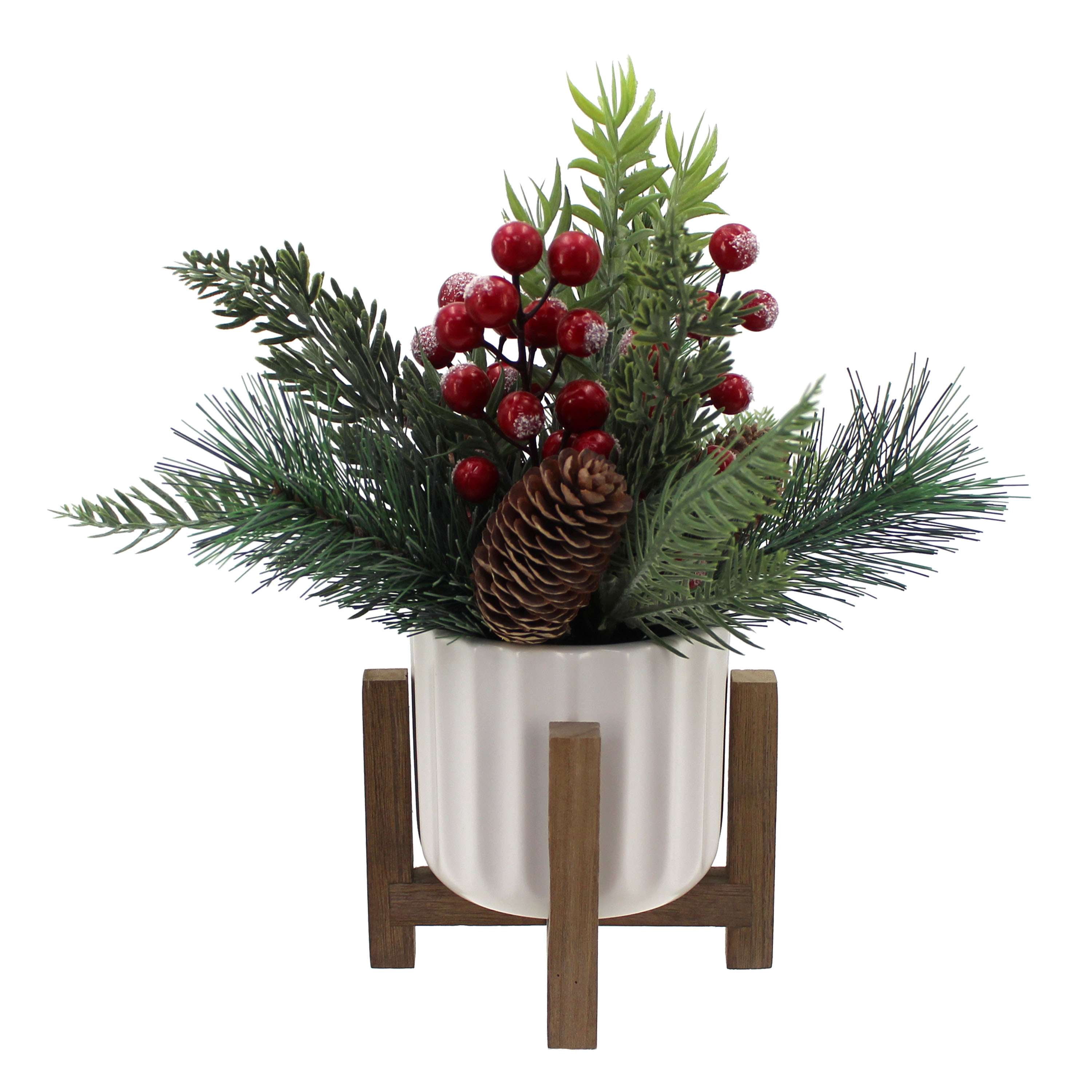 Mainstays 11" Decorative Tabletop Christmas Artificial Tree with Red Berries & Pine in White Ribbed Ceramic Planter on Wooden Stand