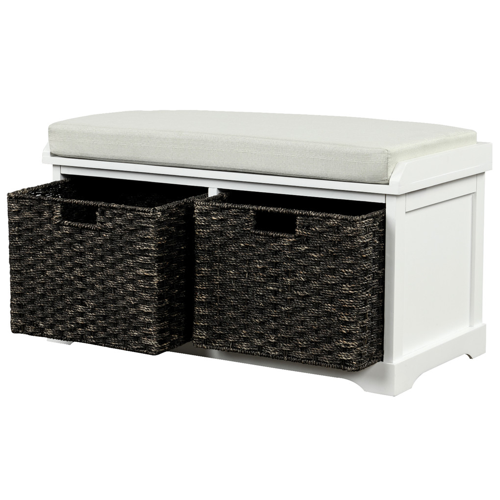Bench Wood Frame with 2 Rattan Baskets Rustic Storage Couch with Removable Cushion for Entryway ...