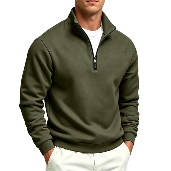 FENGYOU Mens Casual Quarter Zip Sweatshirt Fleece Lined Thick Pullover Stand Collar Long Sleeve Regular Fit Solid Top Army Green L