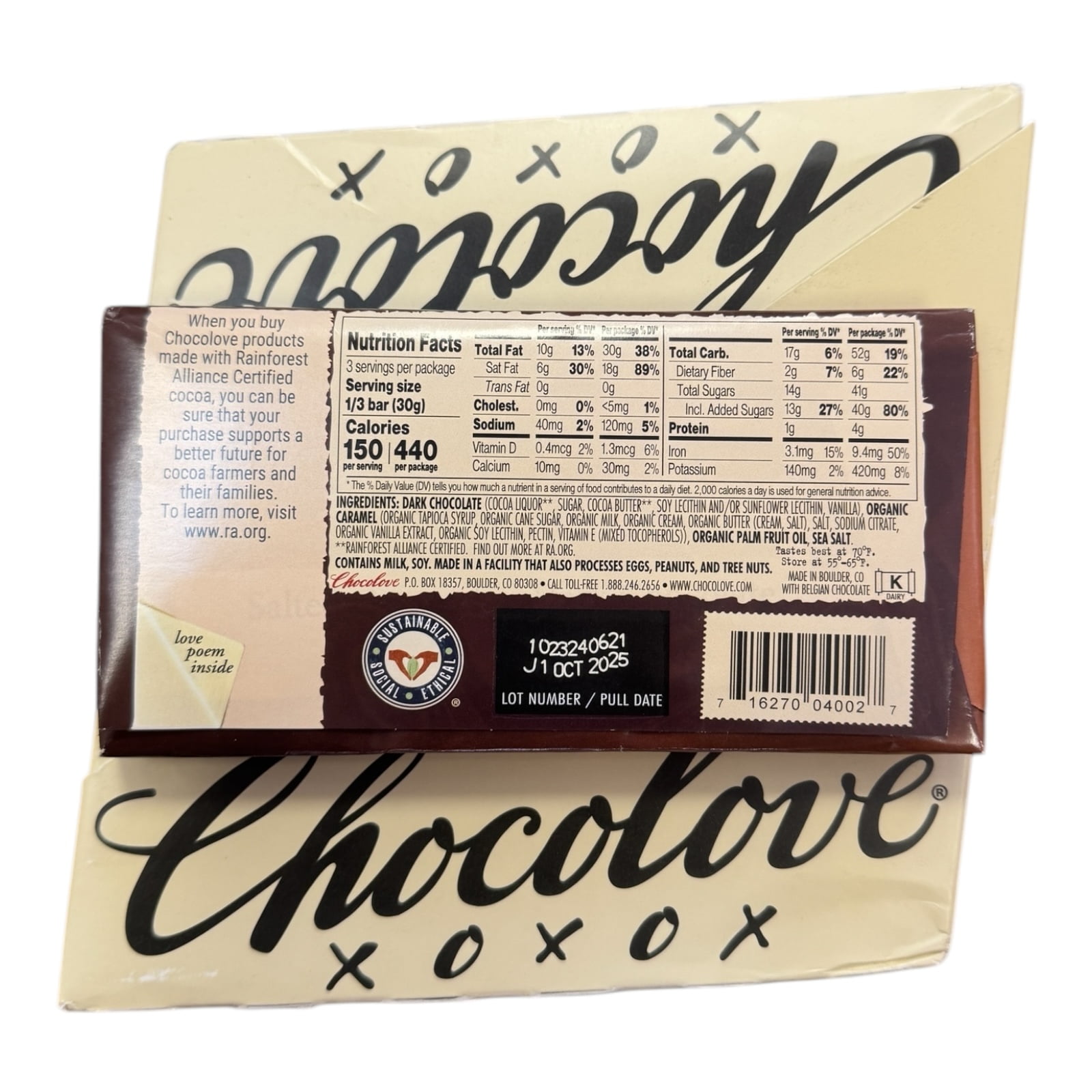 Chocolove Xoxox - Dark Chocolate Bar - Salted Caramel - Case of 10 - 3.2 oz