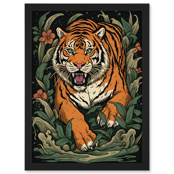 Tiger Emerging from Plants Tattoo Ink Body Art Rockabilly Americana 50s Artwork Framed Wall Art Print A4