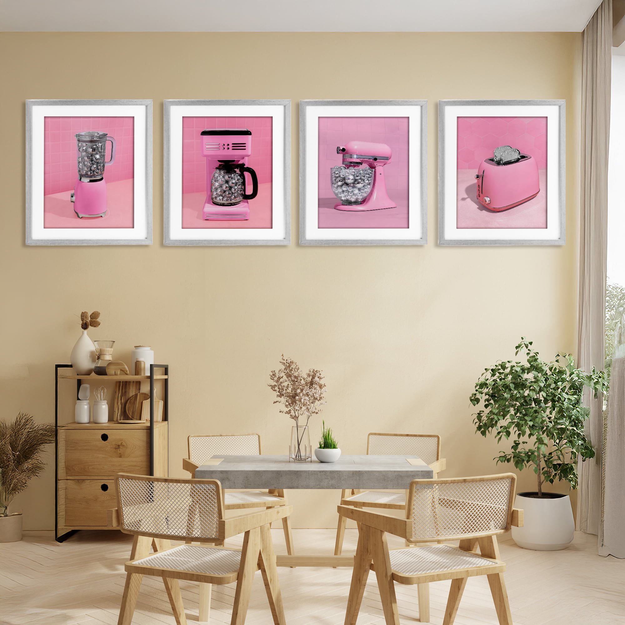 Stupell Industries Disco Drink Blender over Pink 4 Piece Gray Framed Print Under Glass Set, design by LISH Creative