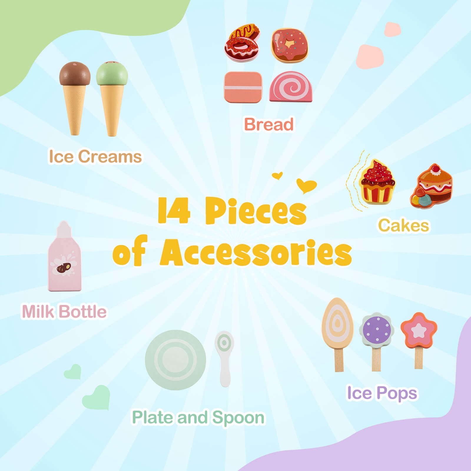 Infans Wooden Baby Walker Ice Cream Cart Toy with Sweet Accessories & Smooth Wheels