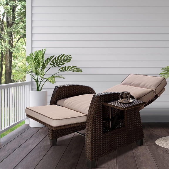 Wicker Recliner, Reclining Adjustable Lounge Chair with Hand-Woven Wicker, Rust-Resistant Frames, and Thickness Cushion for Indoor & Outdoor, Beige, 1PCS