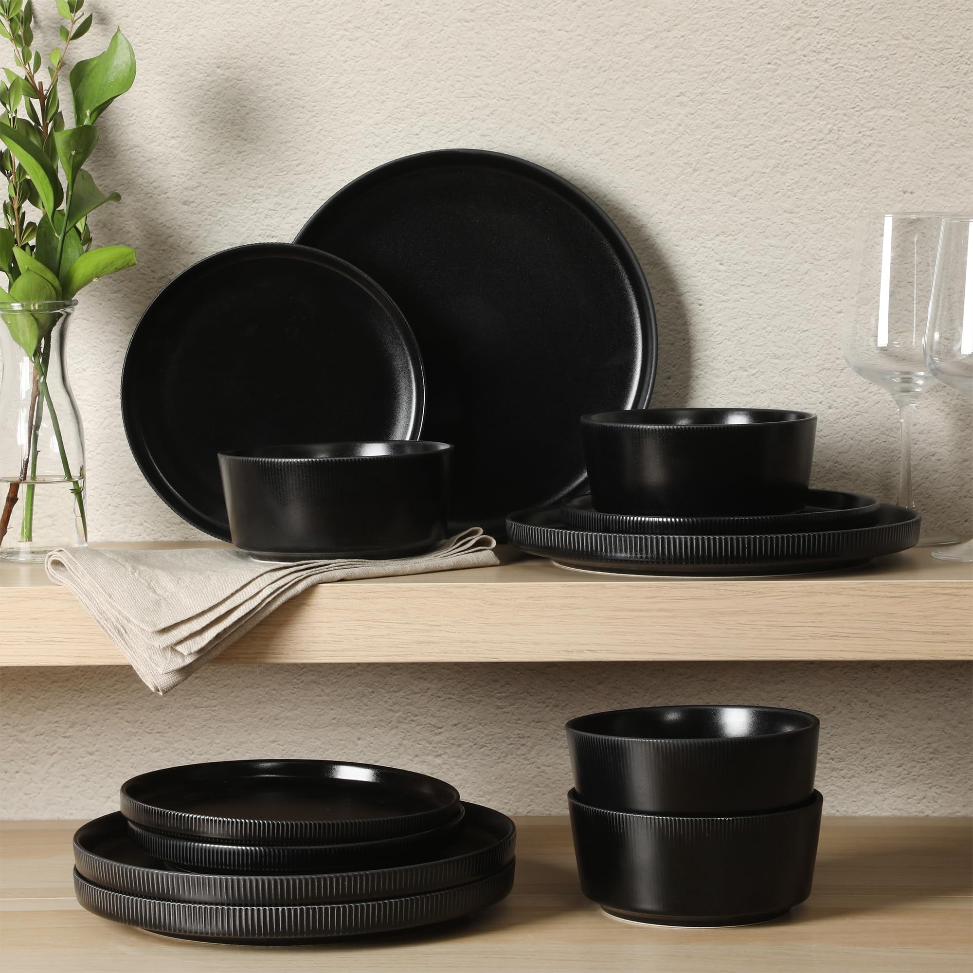 12-Piece Stoneware Dinnerware Set for 4, Cream Round Plates and Bowls, Modern Matte Finish, Microwave and Dishwasher Safe