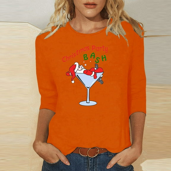 Lolmot Christmas Shirts for Women Santa Wine Glass Graphic T-Shirt Christmas Party Bash Letter Print Round Neck 3/4 Sleeve Holiday Tops