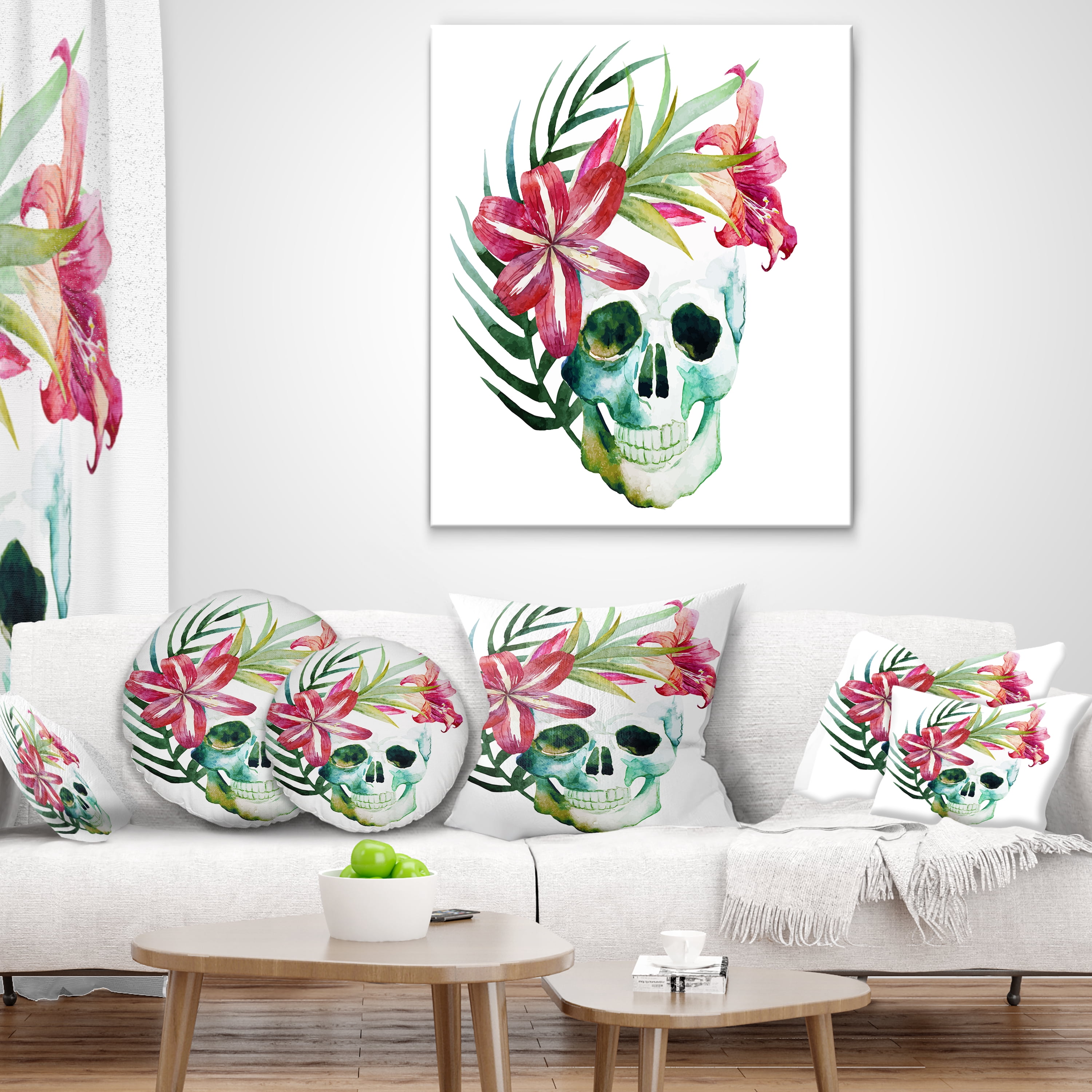 Designart Watercolor Skull with Flowers - Floral Throw Pillow - 16x16