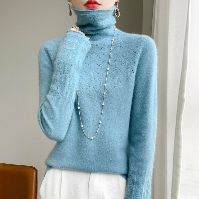 Suéter de lana con cuello alto para mujer, ropa de otoño e invierno lista para usar, suéter de cuello alto hueco, camisa de punto que combina con todo