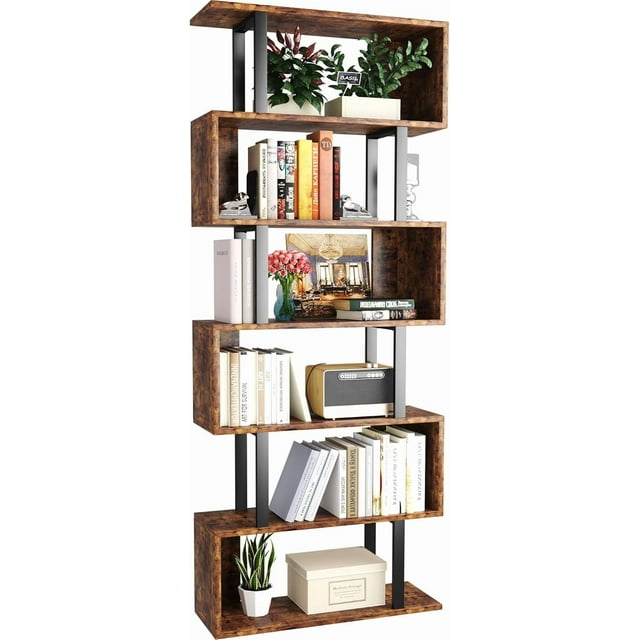 Bookshelf Geometric Bookcase S Shaped Book Shelves Unit for Living Room Tier Tall Decorative Display Shelf for Bedroom Study Room Rustic