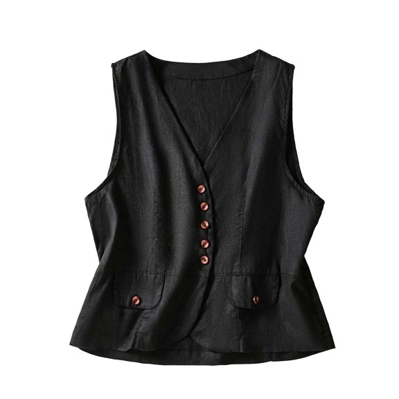 PBFRDSJ Cotton Linen Vest for Women Summer Sleeveless V Neck Button Down Tank Tops Lightweight Business Casual Jacket with Pockets
